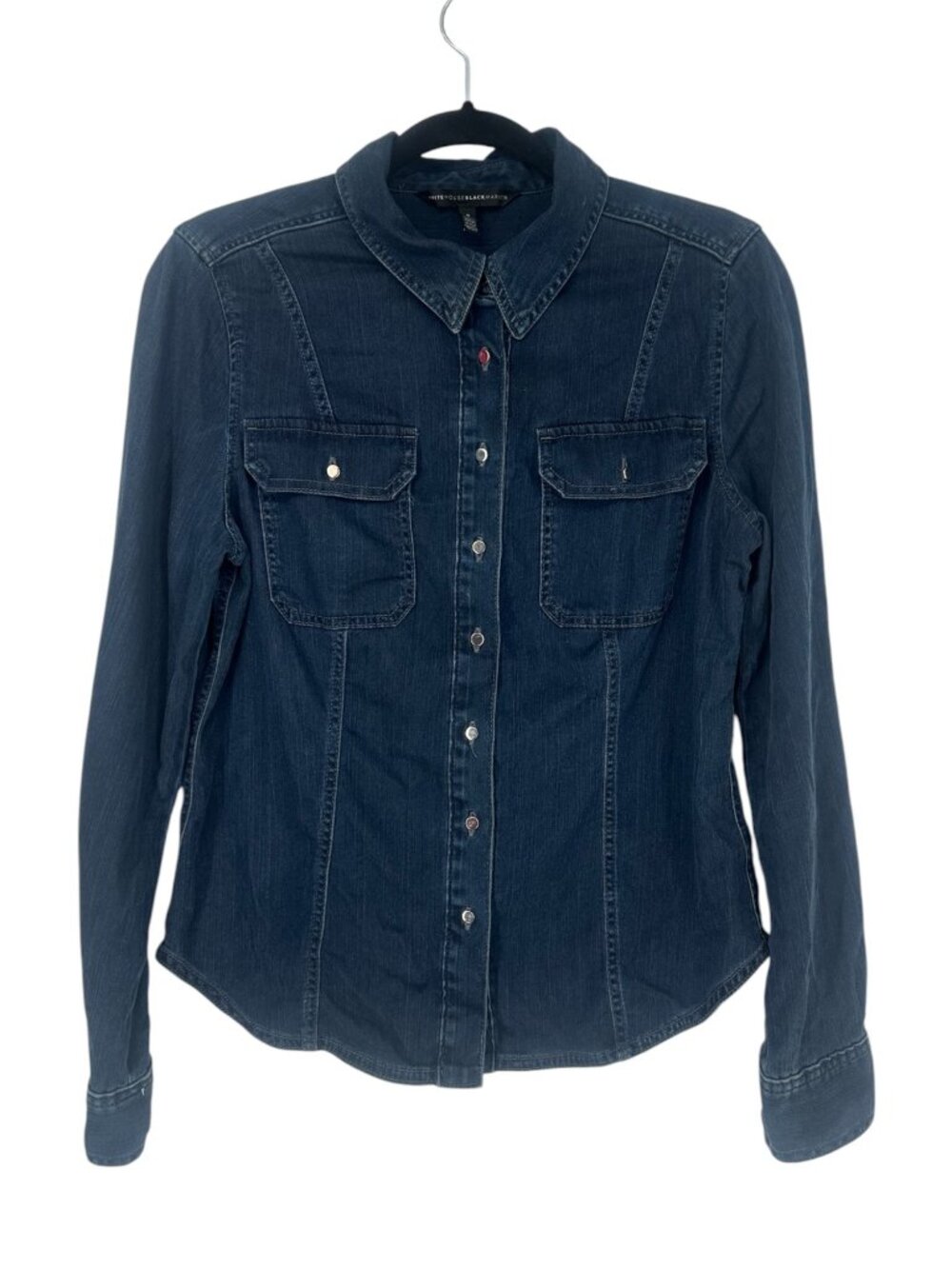 WHBM Women's Denim Shirt 8 Dark Wash Long Sleeve Western Snap Button Utility